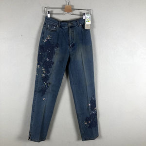 Lana Erica Jeans Blue Floral Embroidered Embellished Straight Leg Womens 4